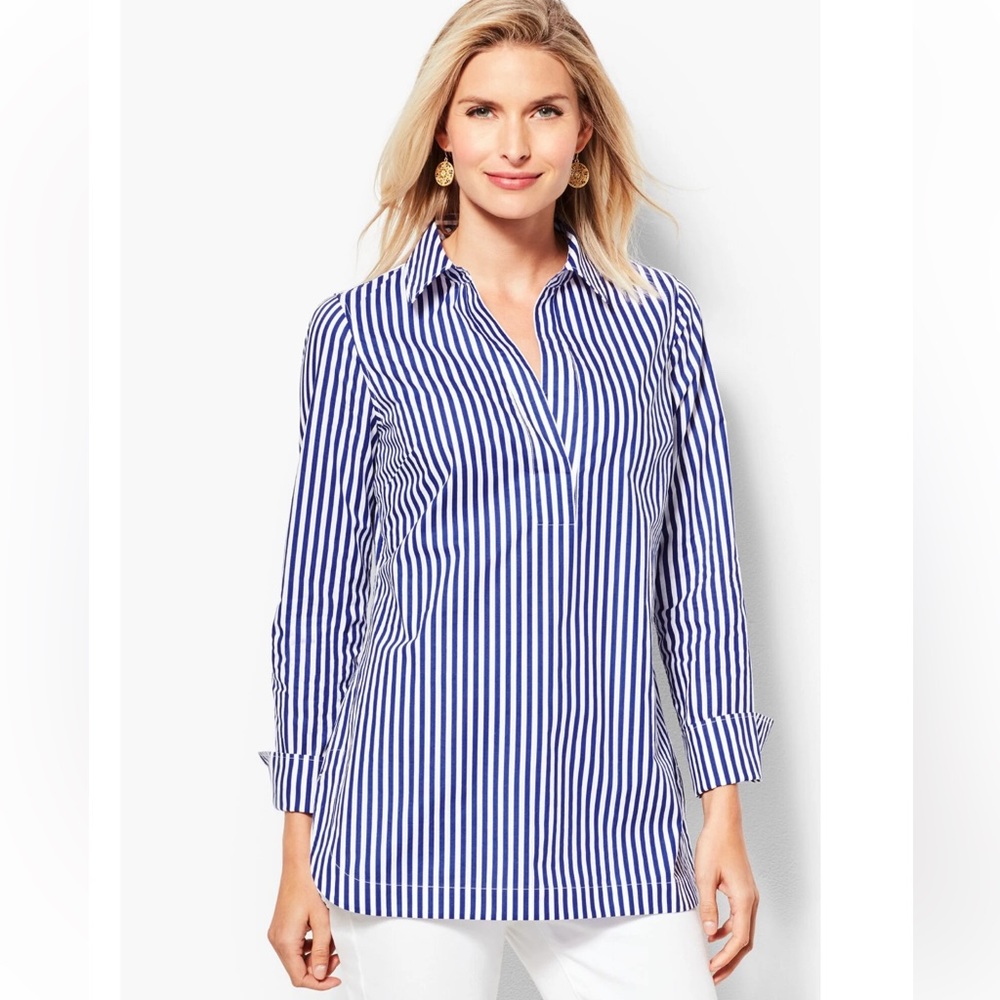 Talbots Poplin Tunic Top Stripe Blue XP Coastal Prep Nautical